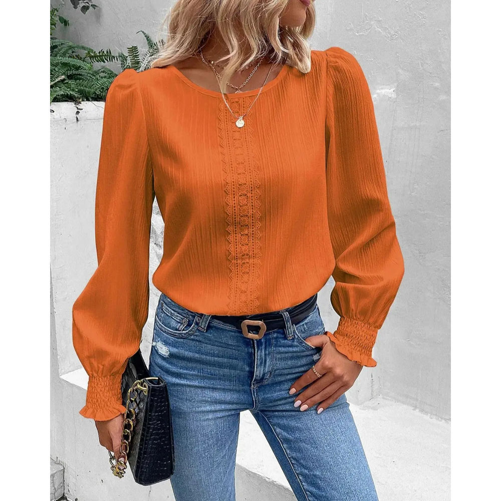 MODA orange dame langærmet t shirt med rund hals og snørebånd