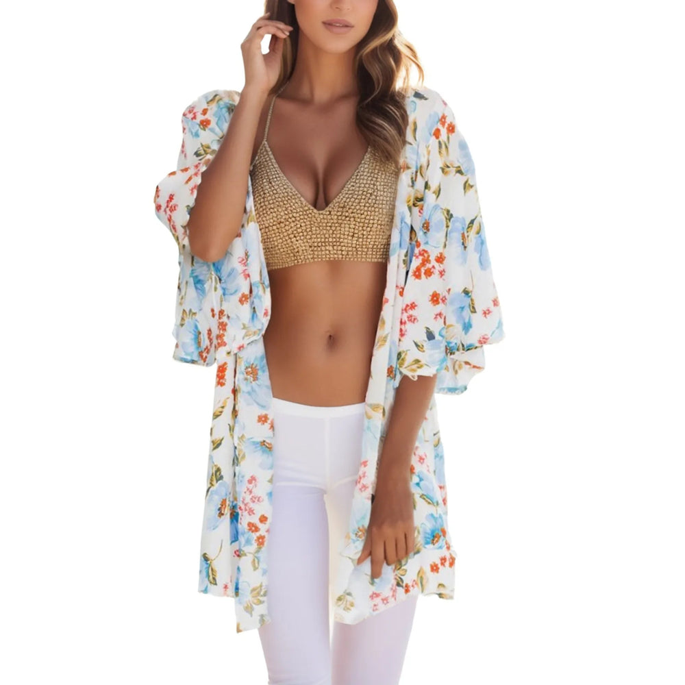 MODA hvid kimono med blomsterprint og revers