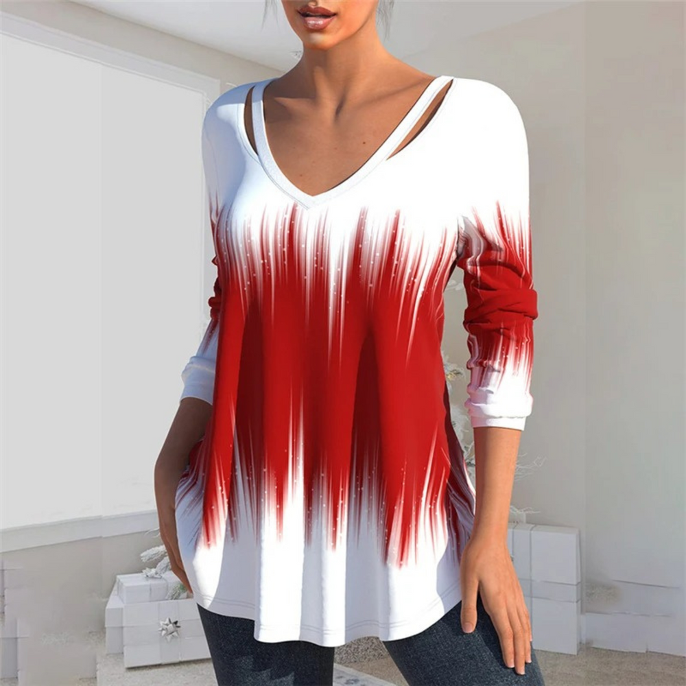 MODA hvid hollow print v hals dame langærmet t shirt